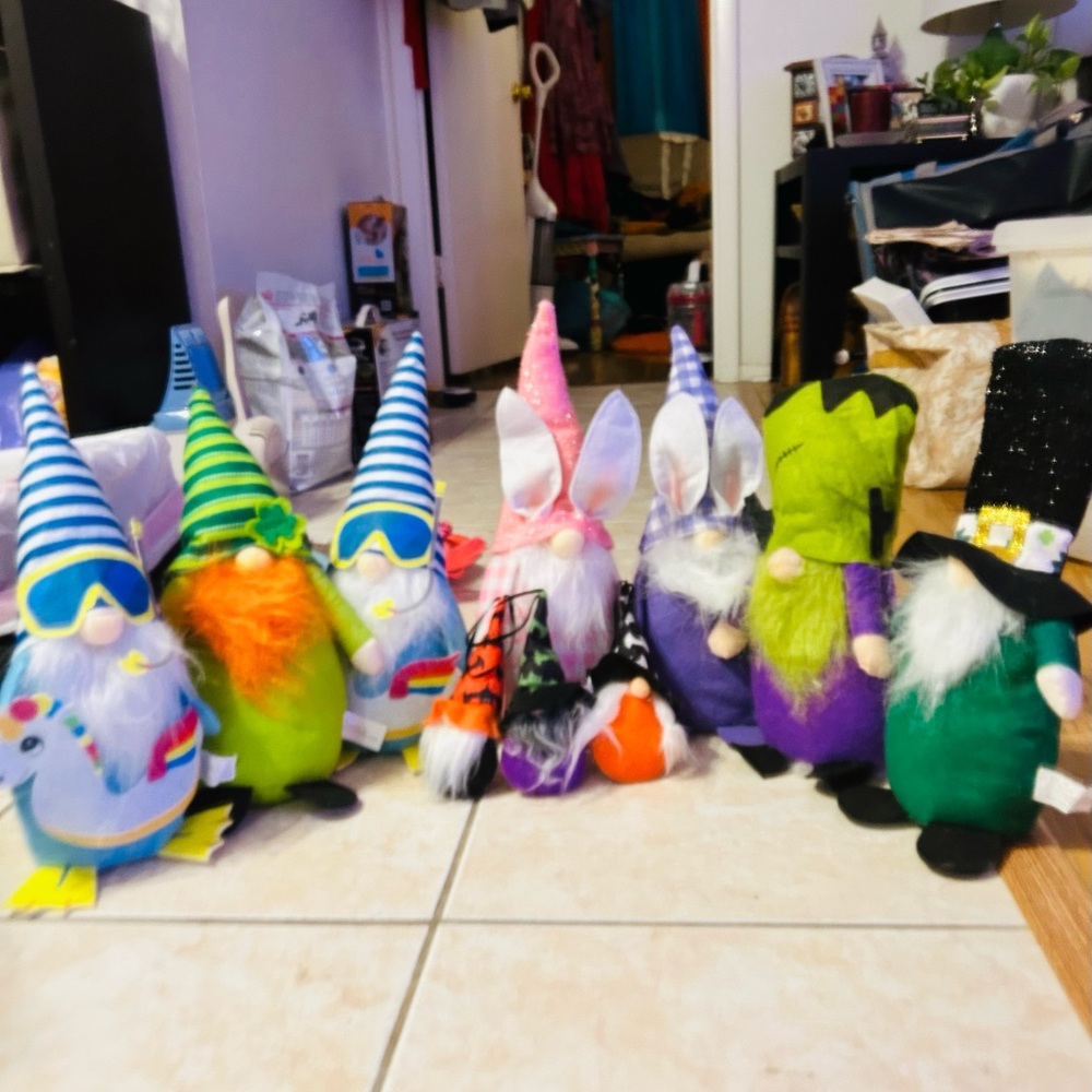 Set of 7 Holiday Gnomes and 3 Small Halloween Witch Hanging. Gnomes. Like New